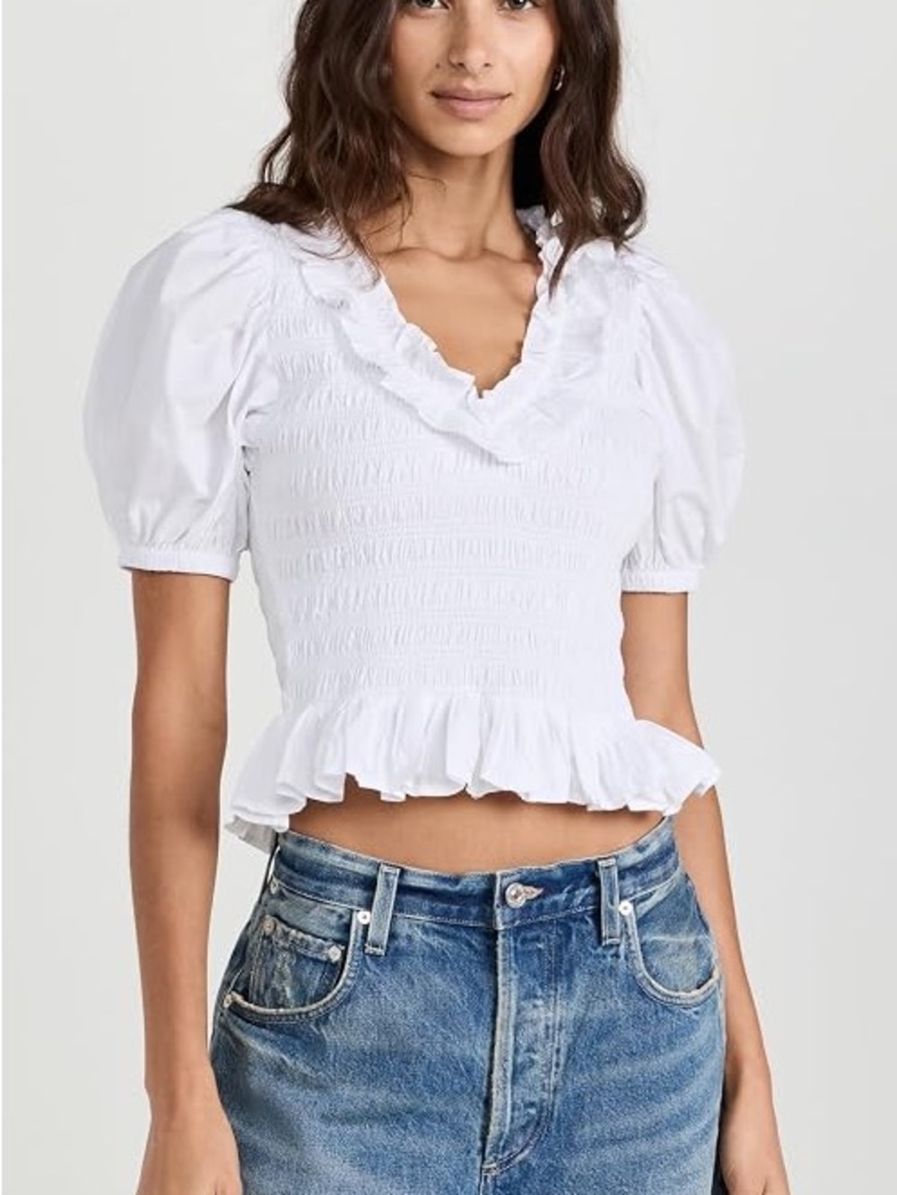 Cleobella Neva top White Smocked Ruffle Crop Top with Puff Sleeves medium
